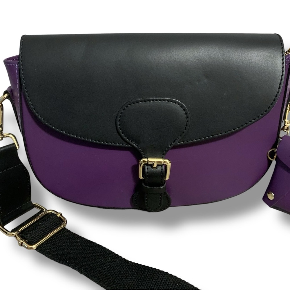 STELLA BIANCA Purple/Black Genuine Leather Flap Crossbody Shoulder Bag Italy - Picture 2 of 10